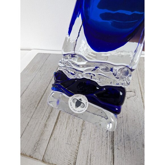Beranek Handmade Glass Cobalt Blue Clear Abstract Vase Czech Republic Signed 7" - Picture 2 of 9